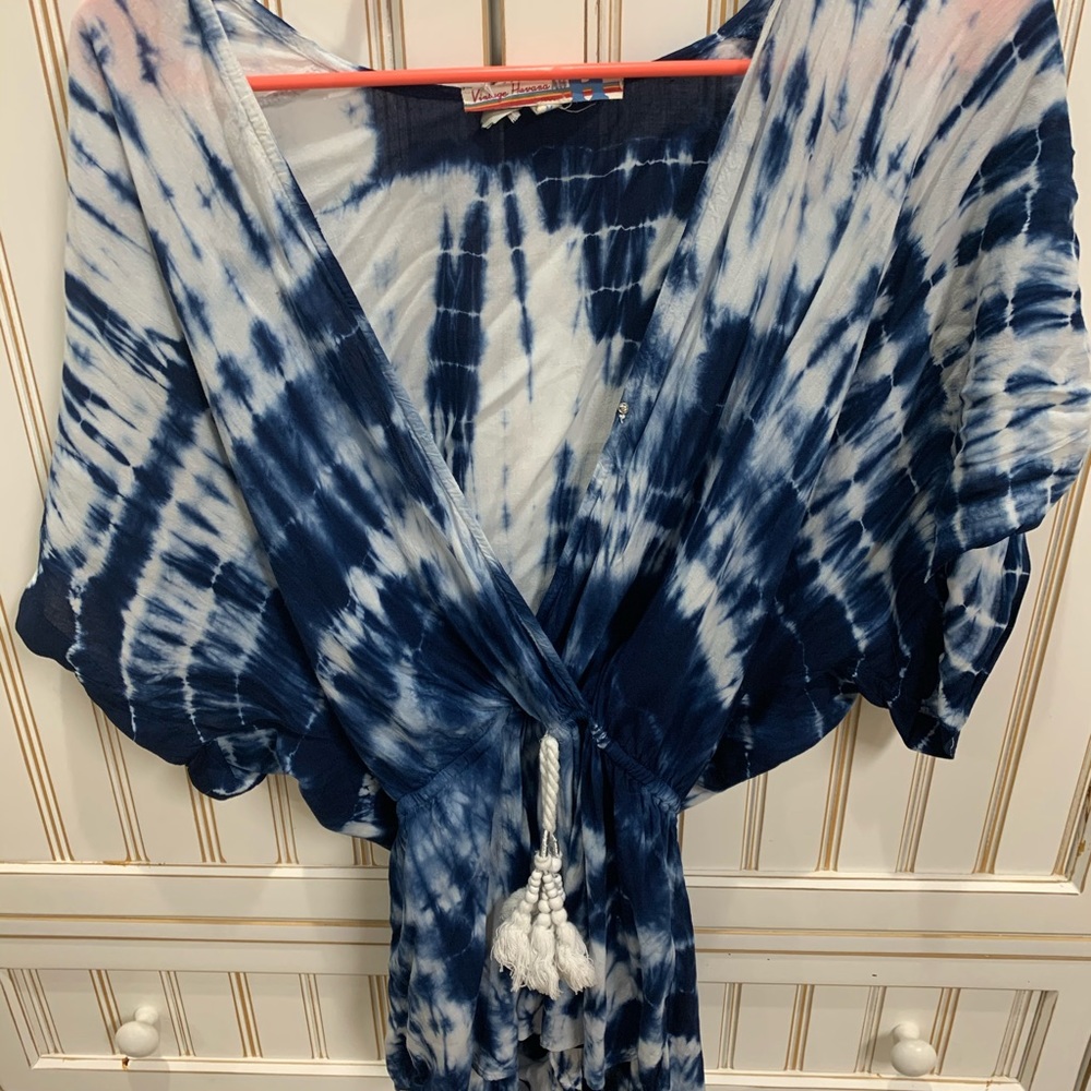 blue and white tie dye tassle romper